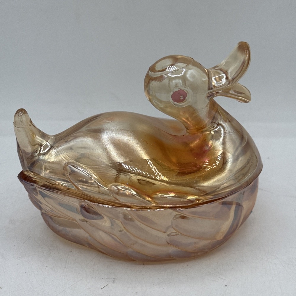 Vintage Jeannette Marigold Carnival Glass Duck On A Nest Candy Dish